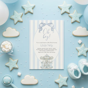 Invitation Oh Garçon Carrousel Ruban Bleu Baby Shower Vintage