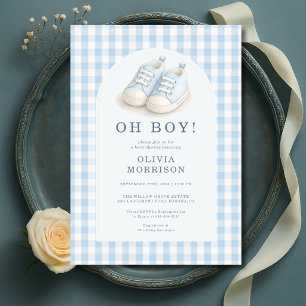Invitation Oh Garçon Chaussures Bleues Gingham Baby Shower