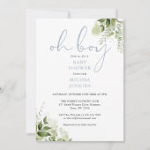 Invitation Oh garçon Dusty Baby shower de verdure bleu (Devant)