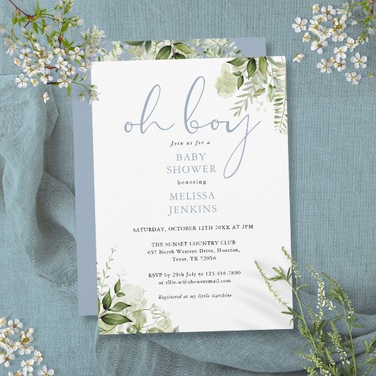 Invitation Oh garçon Dusty Baby shower de verdure bleu