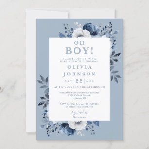 Invitation Oh Garçon Dusty Floral Bleu Tout En Un Baby shower