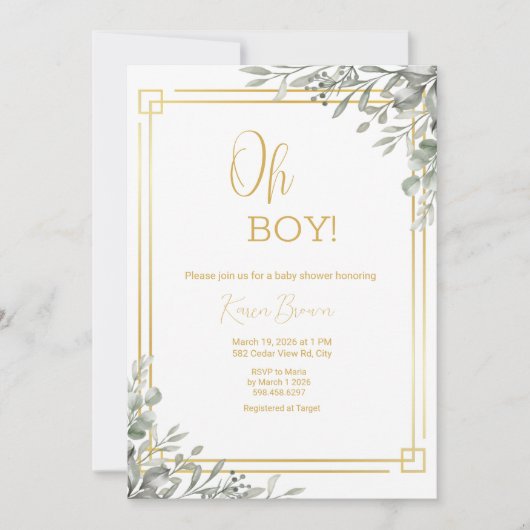 Invitation Oh Garçon Elegant Verdure & Baby shower Or (Devant)