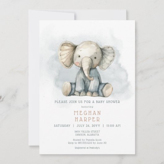 Invitation Oh garçon éléphant bleu Baby shower rayé (Devant)