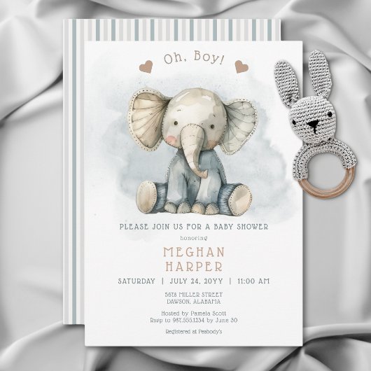 Invitation Oh garçon éléphant bleu Baby shower rayé
