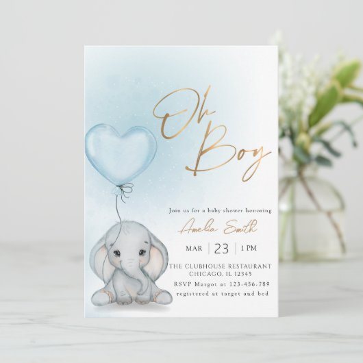 Invitation Oh garçon Elephant bleu ballon garçon Baby shower (Debout devant)