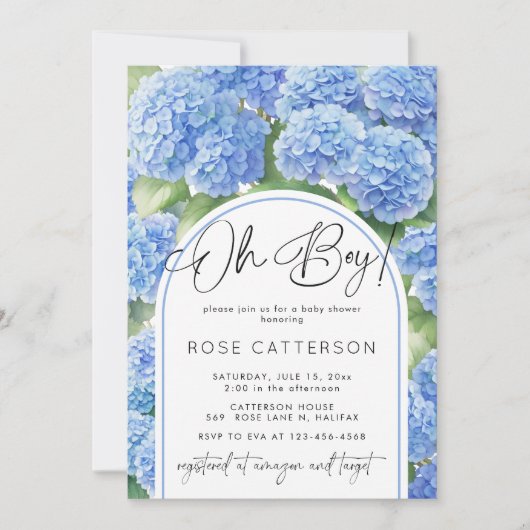 Invitation Oh garçon Hydrangea Baby shower de fleurs bleues (Devant)