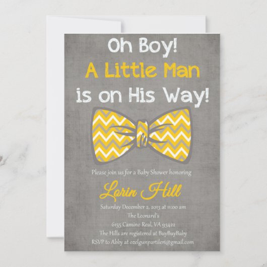 Invitation Oh garçon jaune gris arc cravate baby shower invit (Devant)