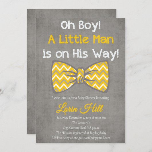 Invitation Oh garçon jaune gris arc cravate baby shower invit (Devant / Derrière)