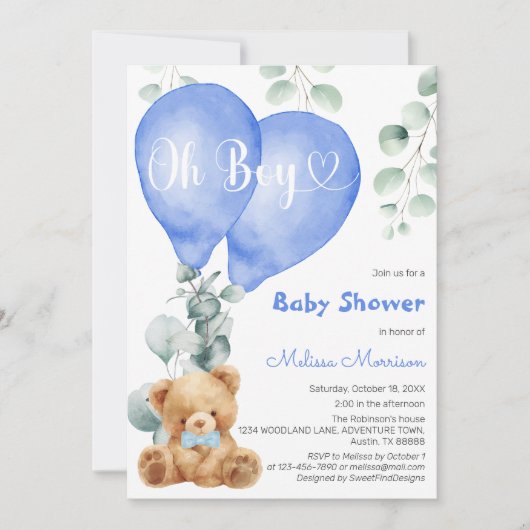 Invitation Oh garçon mignon ours Ballons Bleus Baby shower ga (Devant)