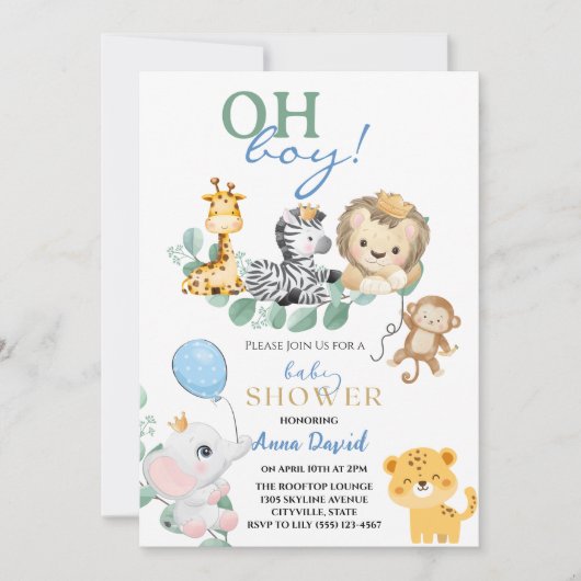 Invitation oh garçon mignon safari jungle animaux baby shower (Devant)