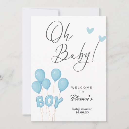Invitation Oh garçon moderne eucalyptus bleu baby shower ball (Devant)