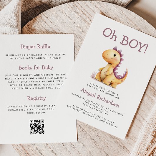Invitation Oh Garçon Orange Dinosaure Violet Code QR Baby Sho