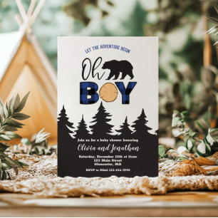 Invitation Oh garçon ours bleu Buffalo Plaid Baby shower