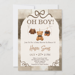 Invitation Oh Garçon Ours en Peluche Beige Gingham Baby Showe