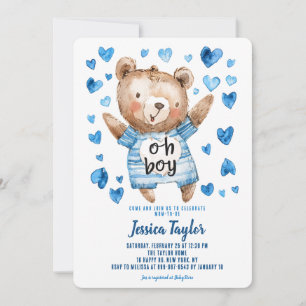Invitation Oh Garçon Ours en Peluche Cœurs Bleus Fête de Nais