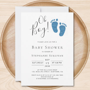 Invitation Oh Garçon Parties scintillant bleue Pieds Baby sho