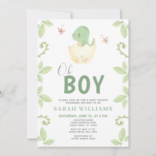 Invitation Oh garçon QR Code mignon Baby shower Dinosaure Ver (Devant)