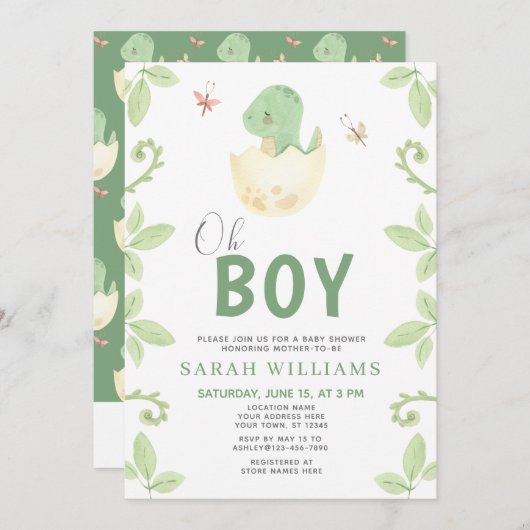 Invitation Oh garçon QR Code mignon Baby shower Dinosaure Ver (Devant / Derrière)