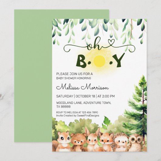 Invitation Oh garçon Sunny Baby shower Woodland (Devant / Derrière)