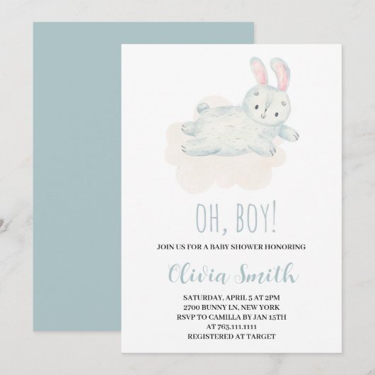 Invitation Oh garçon Sweet Bunny Baby shower d'aquarelle (Devant / Derrière)