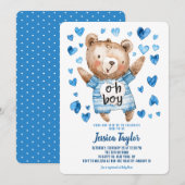 Invitation Oh Garçon Teddy Ours Bleu Coeurs Baby shower garço (Devant / Derrière)