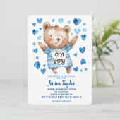 Invitation Oh Garçon Teddy Ours Bleu Coeurs Baby shower garço (Debout devant)