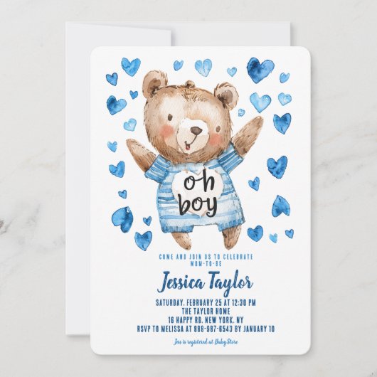Invitation Oh Garçon Teddy Ours Bleu Coeurs Baby shower garço (Devant)