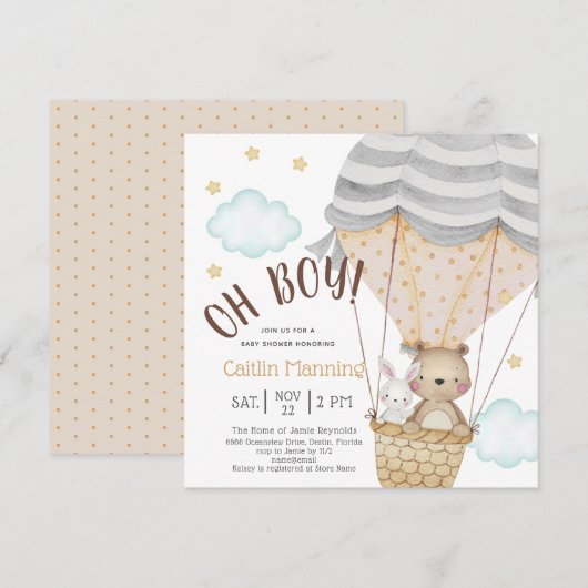 Invitation Oh Garçon Teddy Ours Bois Baby shower neutre (Devant / Derrière)