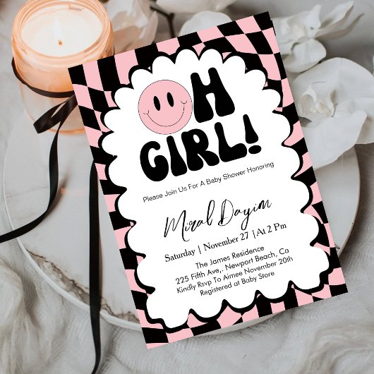 Invitation Oh Girl! Pink Checkered Happy Face Baby Shower