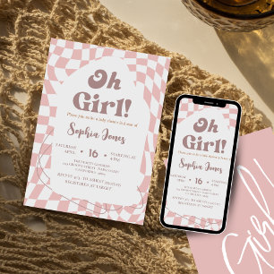 Invitation Oh Girl !  Rose à carreaux   Vichy   Baby shower