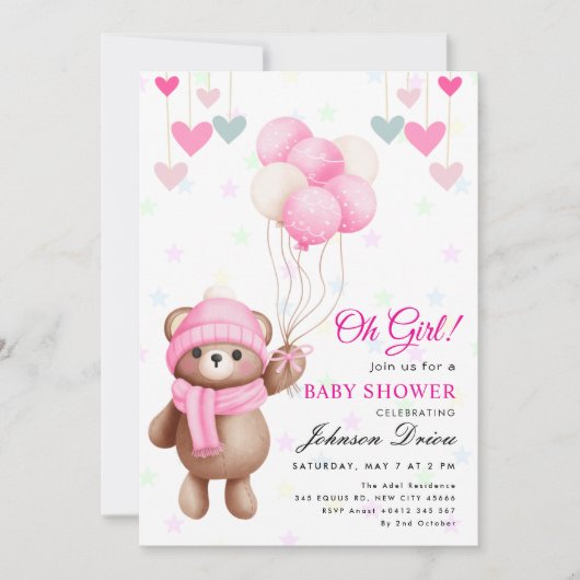 Invitation “Oh Girl!” teddy bear balloon baby shower (Devant)