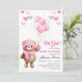 Invitation “Oh Girl!” teddy bear balloon baby shower (Debout devant)