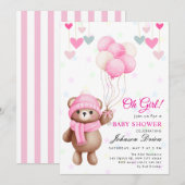 Invitation “Oh Girl!” teddy bear balloon baby shower (Devant / Derrière)