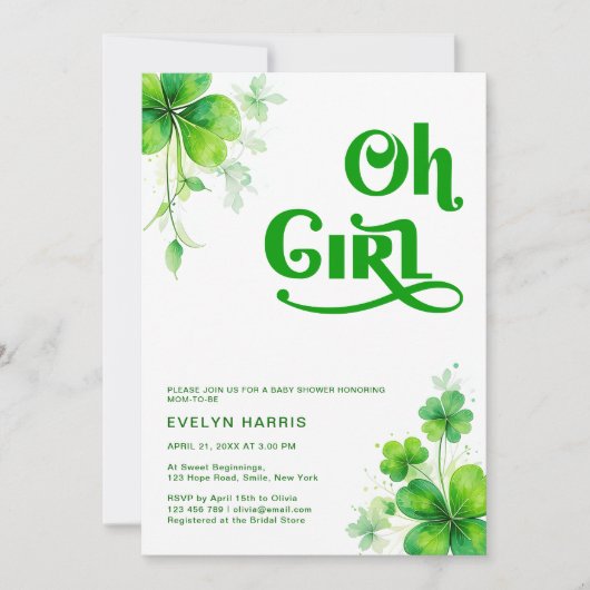 Invitation Oh Girl Watercolor Baby shower de script vert (Devant)