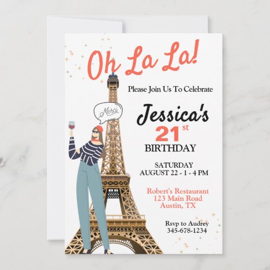 Invitation Oh La Any Age Paris Thème Anniversaire (Devant)