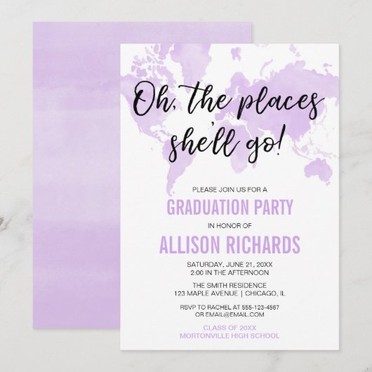 Invitation Oh, les endroits où elle va faire la fête de gradu (Devant / Derrière)