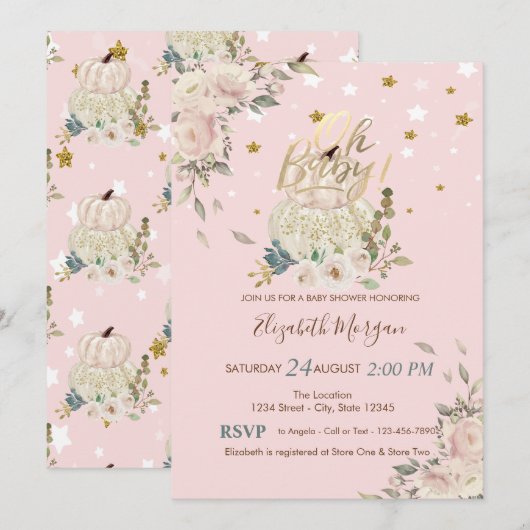 Invitation Oh mon bébé, Citrouilles, Baby shower des étoiles (Devant / Derrière)