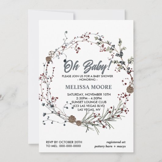 Invitation Oh mon bébé pinecones de verdure d'hiver (Devant)