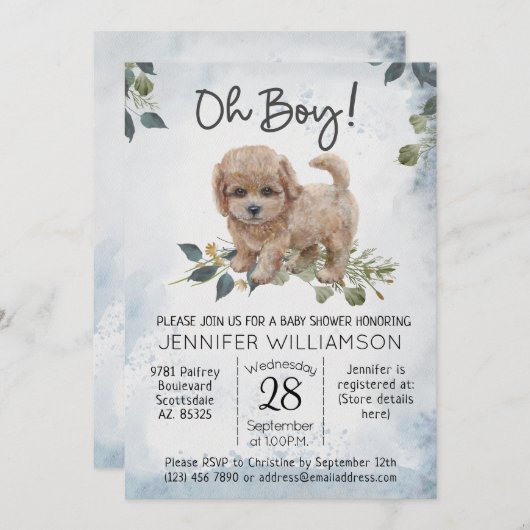 Invitation Oh mon Dieu ! Baby shower d'aquarelle Cockapoo Pup (Devant / Derrière)