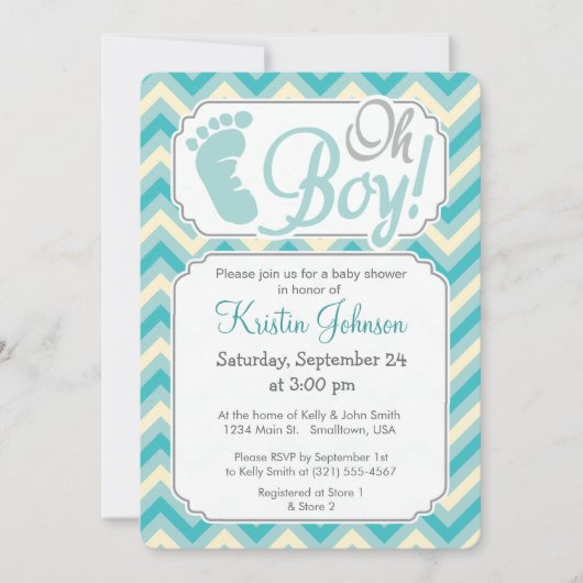 Invitation Oh mon Dieu ! Bleu, Turquoise Baby shower Chevron (Devant)