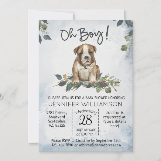 Invitation Oh mon Dieu ! Bulldog Chiot Aquarelle moderne bébé (Devant)