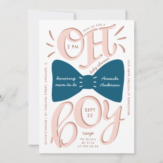 Invitation Oh mon dieu. Cravate arc bleu baby shower de typog (Devant)
