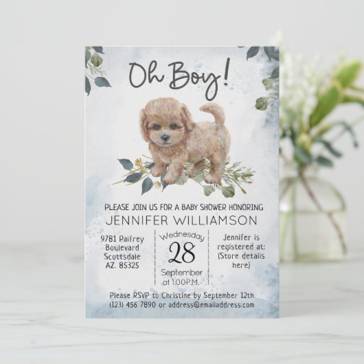 Invitation Oh mon Dieu ! Labradoodle Baby shower d'aquarelle  (Debout devant)