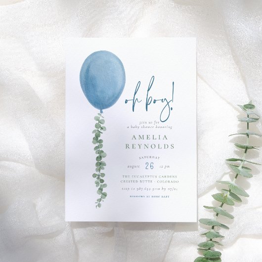 Invitation Oh mon garçon | Aquarelle Eucalyptus Balloon Baby 
