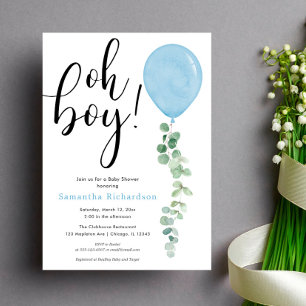 Invitation Oh mon garçon ballon vert baby shower eucalyptus