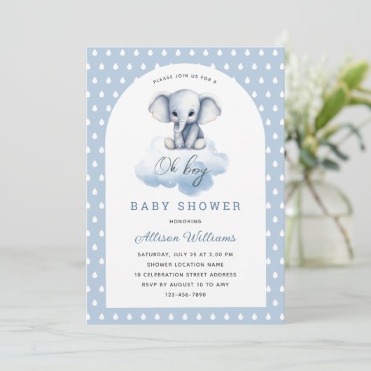 Invitation Oh mon garçon | Joli Baby shower moderne Elephant  (Debout devant)