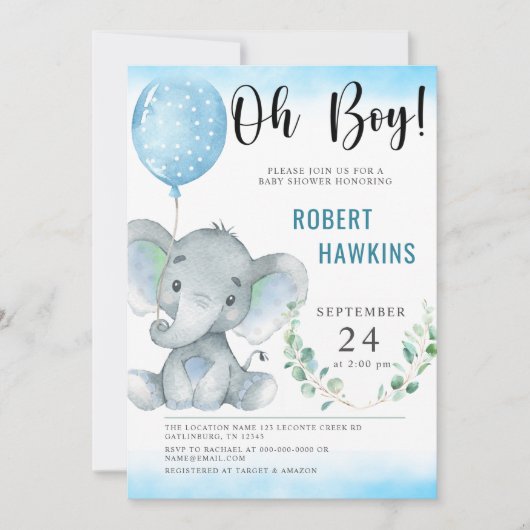 Invitation Oh mon petit Baby shower éléphant (Devant)