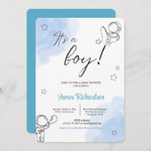 Invitation Oh niño eucaliptos modernos globos azules bebé (Devant / Derrière)