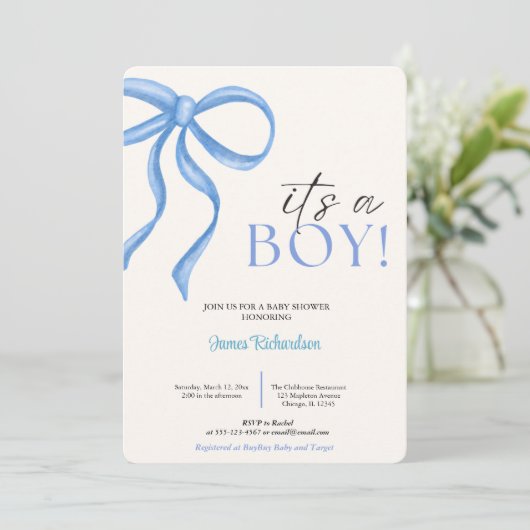 Invitation Oh niño eucaliptos modernos globos azules bebé (Debout devant)