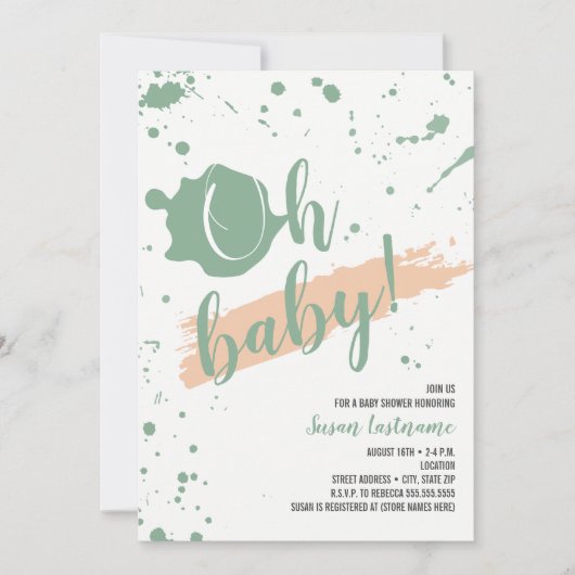 Invitation Oh pêche de bébé et baby shower vert de fille (Devant)